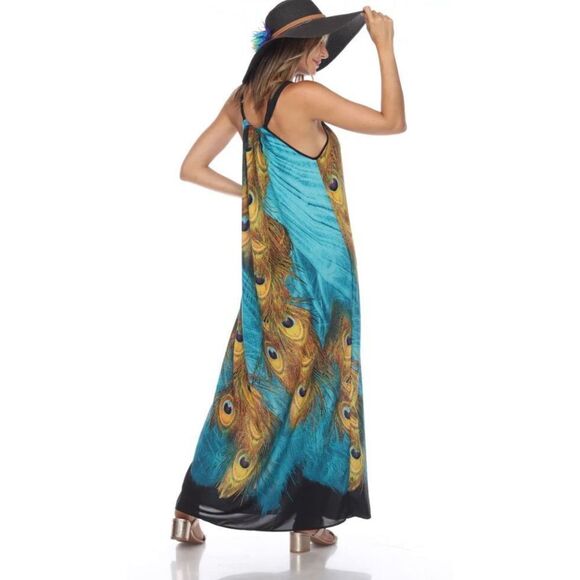 Gracila Women’s Blue Peacock Feather Design Long Tank SunDress Size 4X - Picture 1 of 8